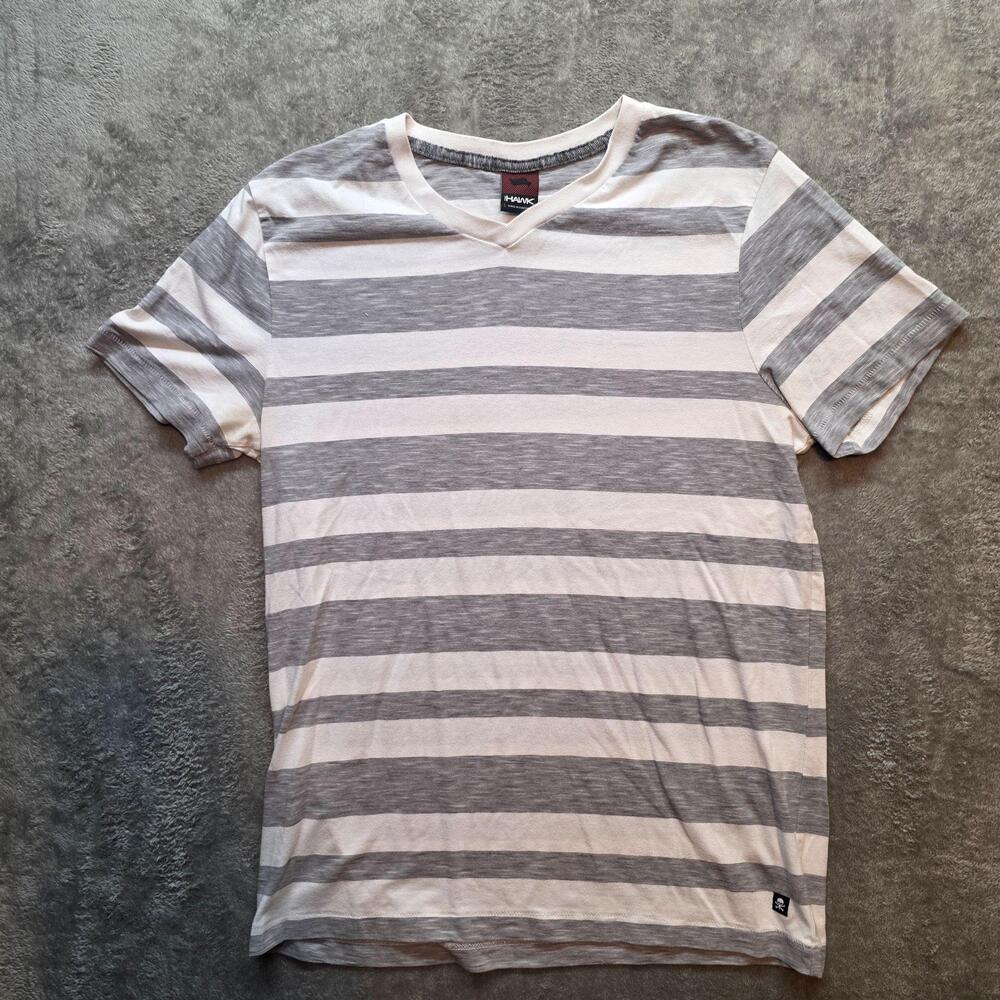Tony Hawk Shirt Mens L Gray White Striped V-Neck Skull Logo Jersey T-Shirt